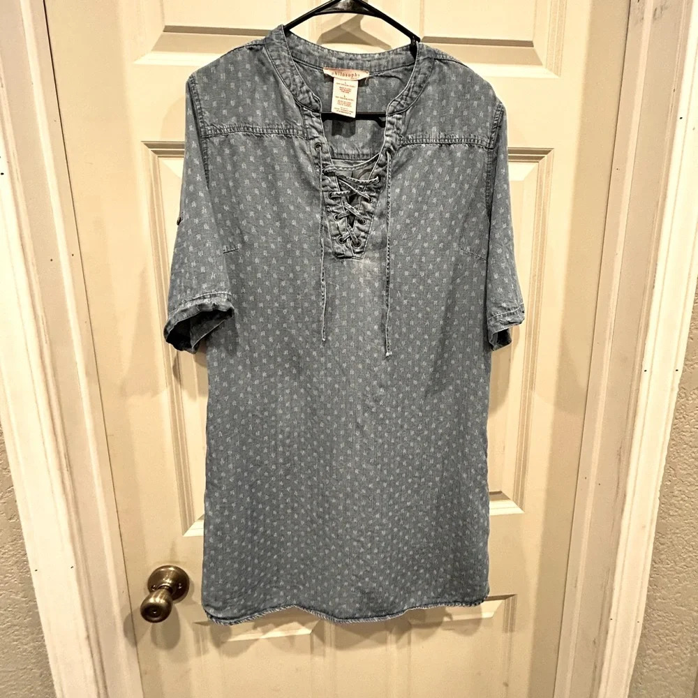 Philosophy Lace Up Dot Chambray Denim Tunic Shirt Dress Size Large EUC‎